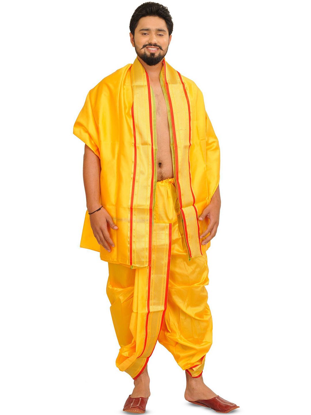 Exotic India Art Silk Ready to Wear Dhoti and Veshti Set with Woven Golden Border-image-33