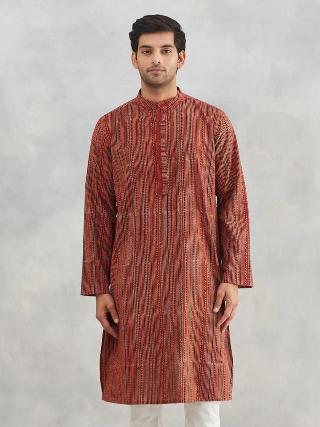 Fabindia Striped Band Collar Straight Cotton Kurta-picture-34