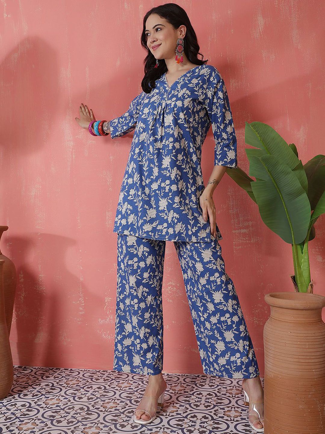 Sangria Floral Printed V-Neck Cotton Flex Tunic With Palazzo-picture-38