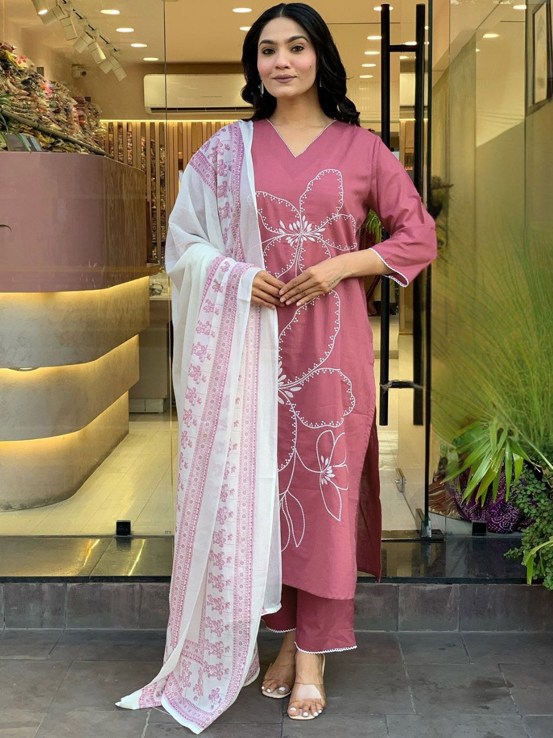 KALINI Floral Embroidered V-Neck Straight Thread Work Kurta With Trouser & Dupatta