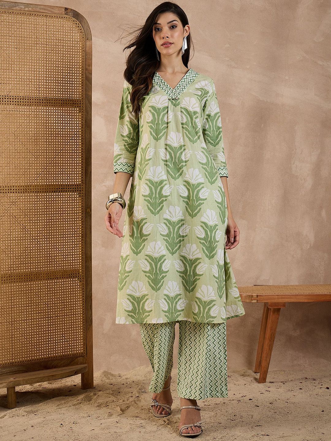 CHETI Women Ethnic Motifs Printed Pure Cotton A-Line Kurta with Palazzo
