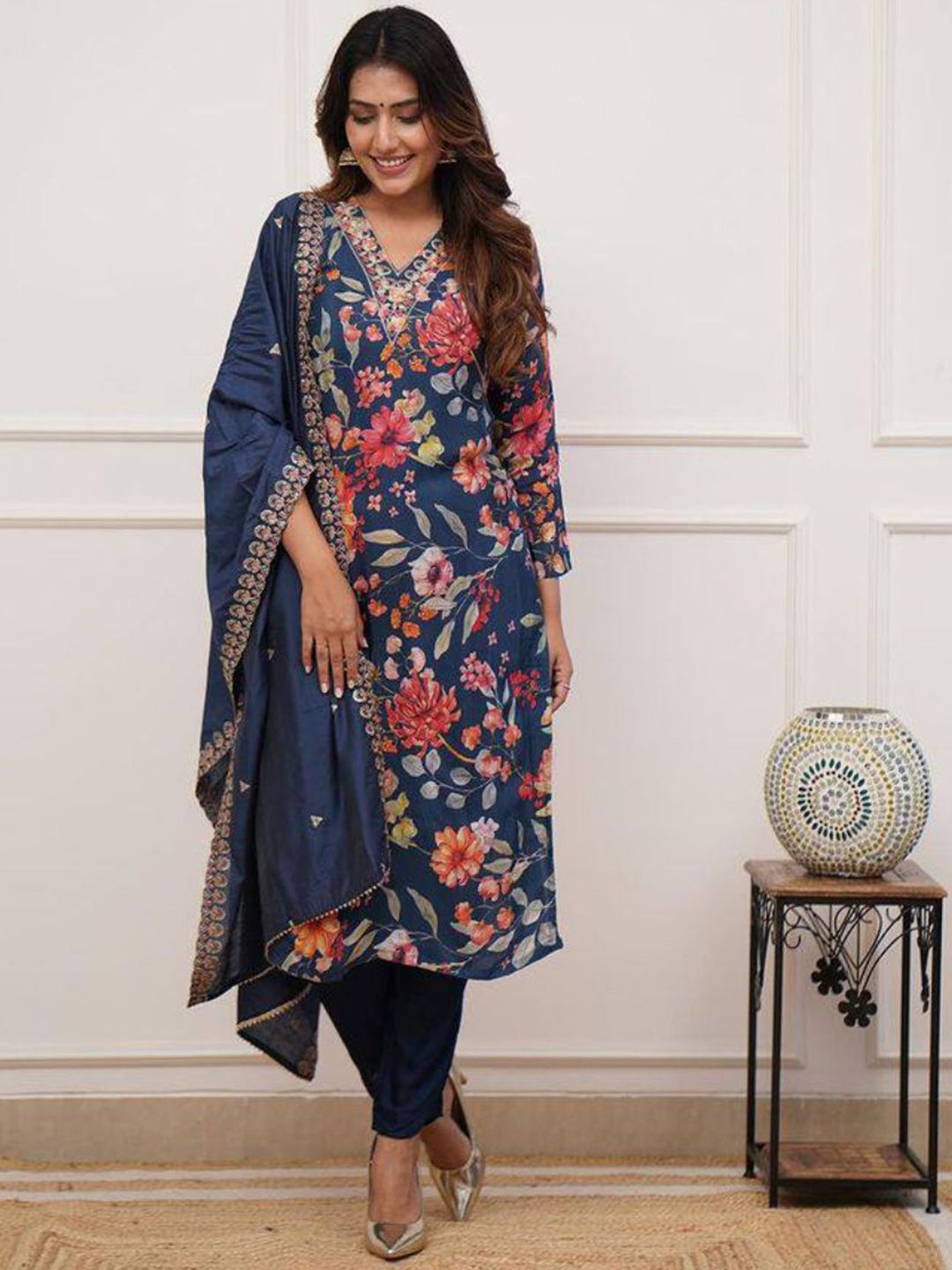 JAPNAAM Floral Printed Thread Work Chanderi Silk Straight Kurta With Trousers & Dupatta