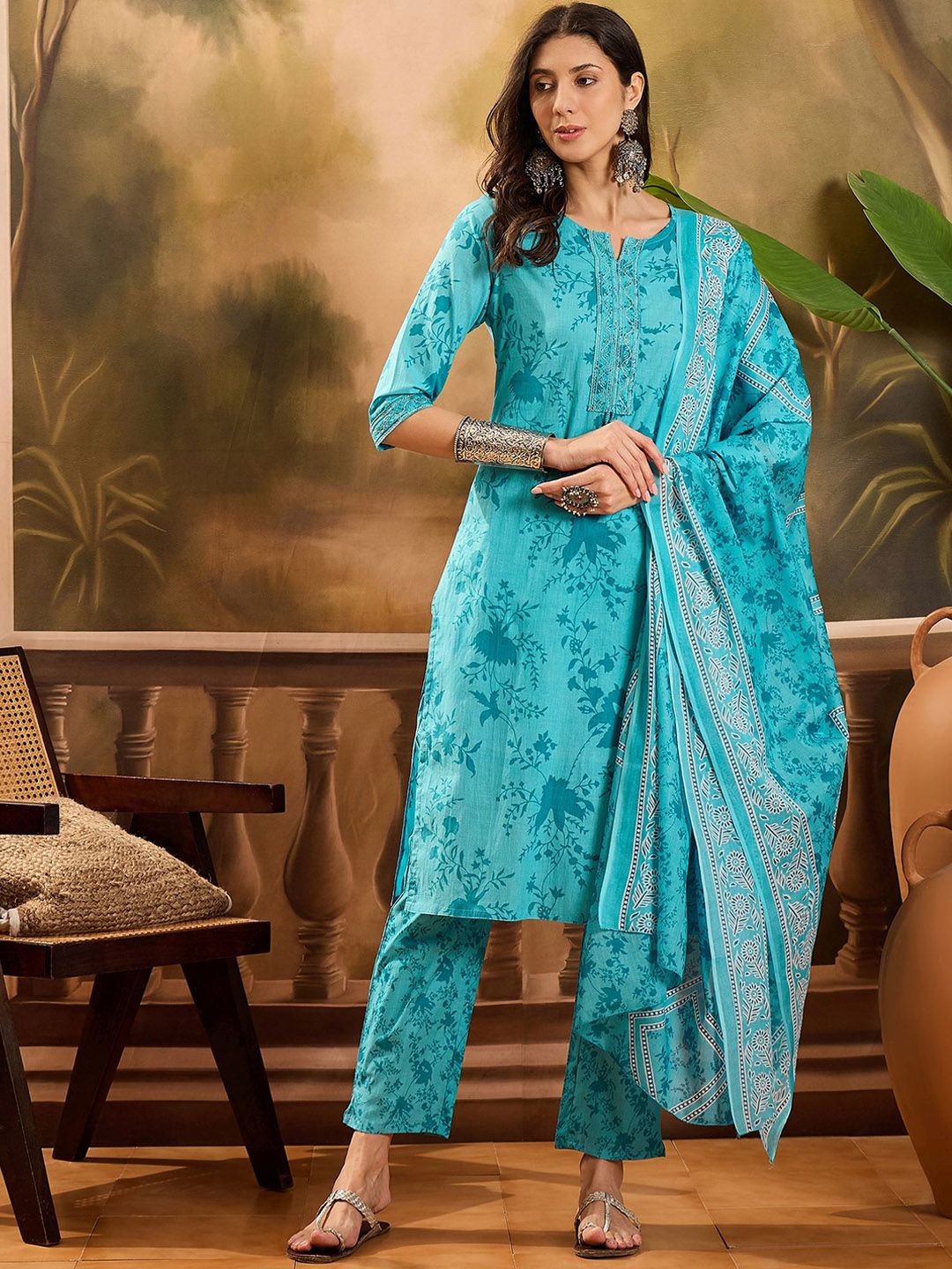 Vastramyaa Women Floral Printed Pure Cotton Kurta with Trousers & Dupatta