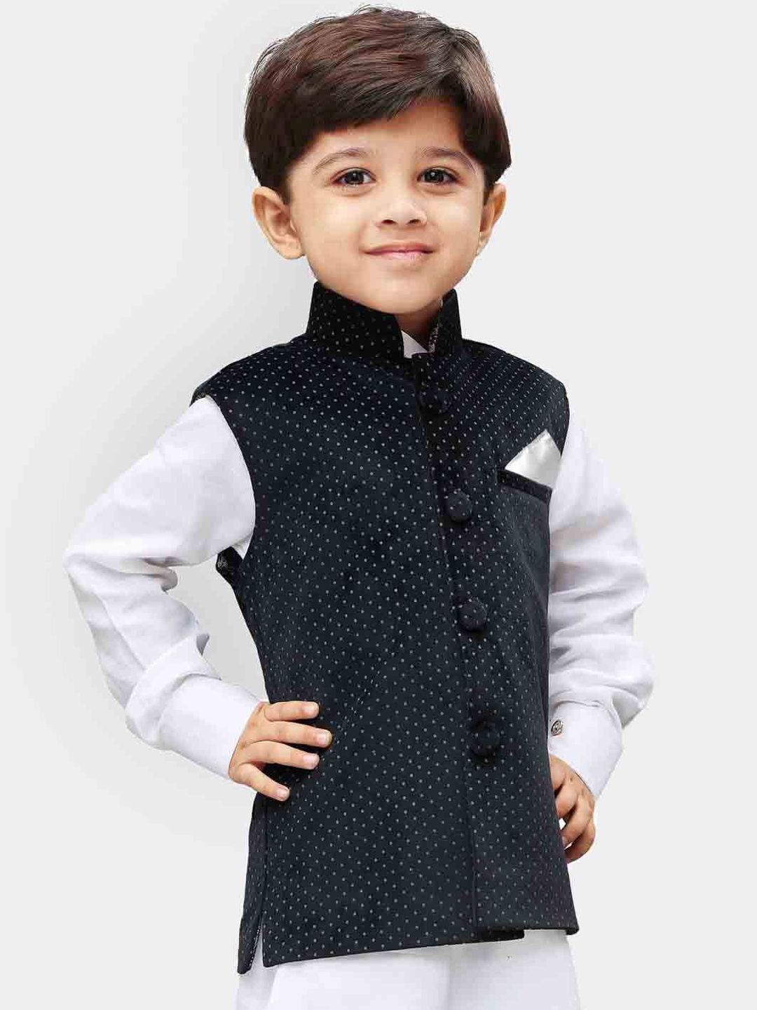 JBN Creation Boys Woven Polka Dot Printed Velvet Mandarin Collar Nehru Jacket-image-20