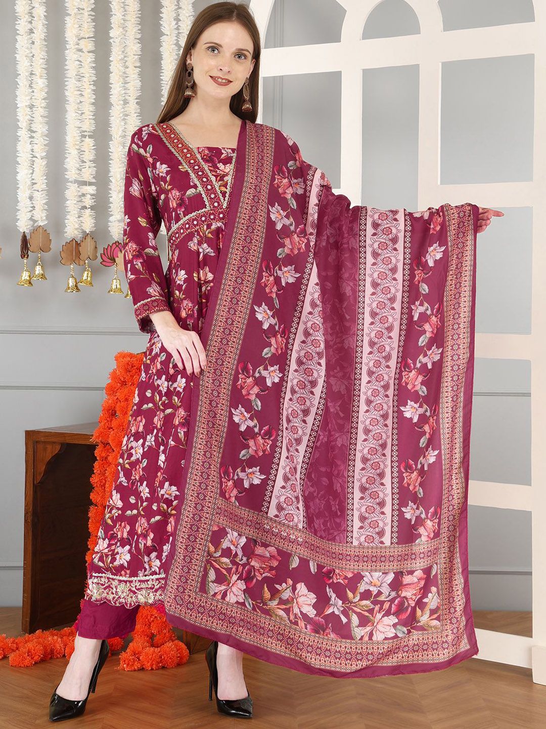 Anouk Women Floral Printed Anarkali Kurta with Churidar & Dupatta