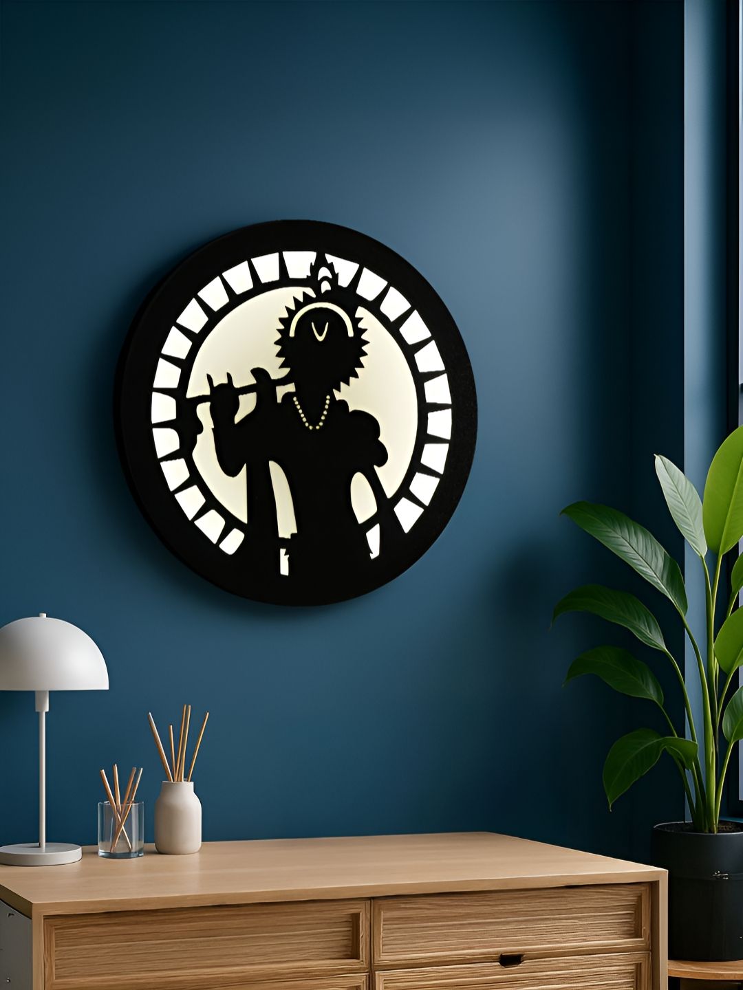 Homspurts Black & White Divine Kanha With Flute MDF Round Wall Art-picture-15