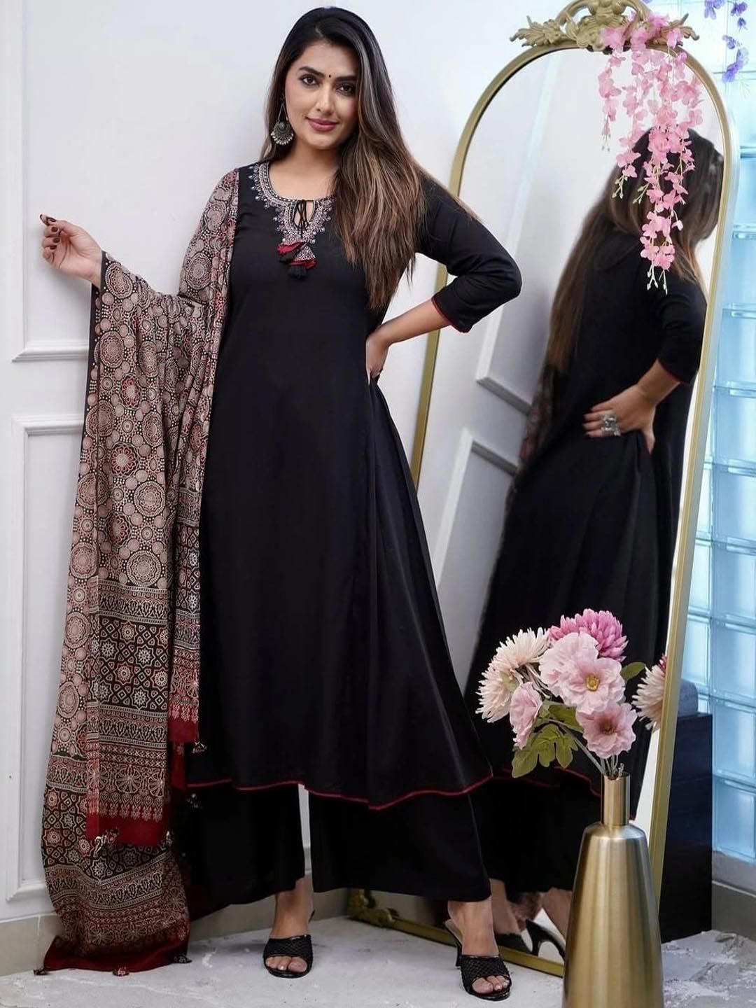 KALINI Yoke Design Tie-Up Neck A-Line Kurta With Palazzos & Dupatta