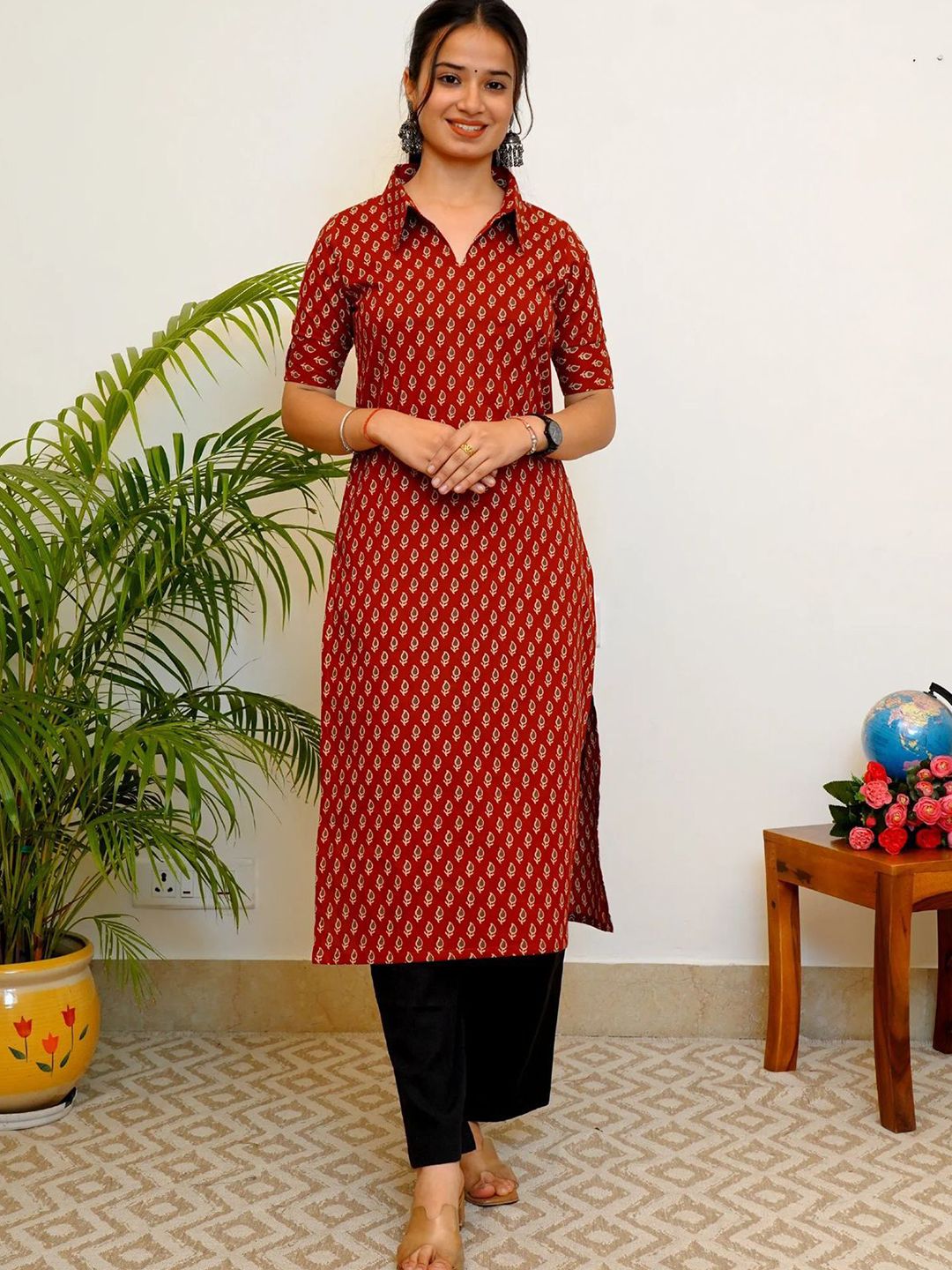 JEMCY Floral Printed Shirt Collar Straight Cotton Kurta-image-19
