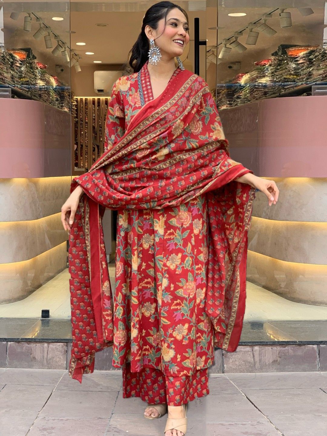 Art Avenue Floral Printed V-Neck Mirror Work Pure Cotton Kurta With Palazzos & Dupatta