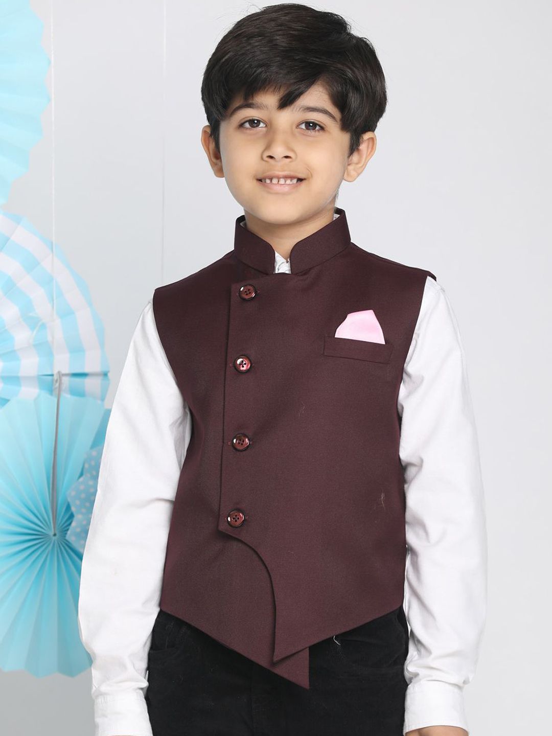 JBN Creation Boys Mandarin Collar Asymmetric Hem Woven Nehru Jacket-picture-46