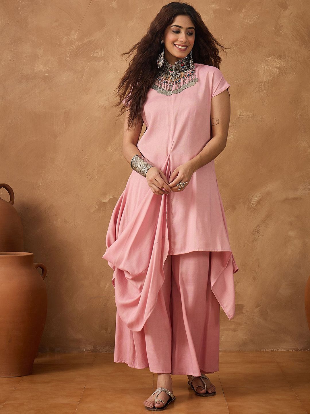 InWeave Round Neck A-Line Kurti With Palazzos