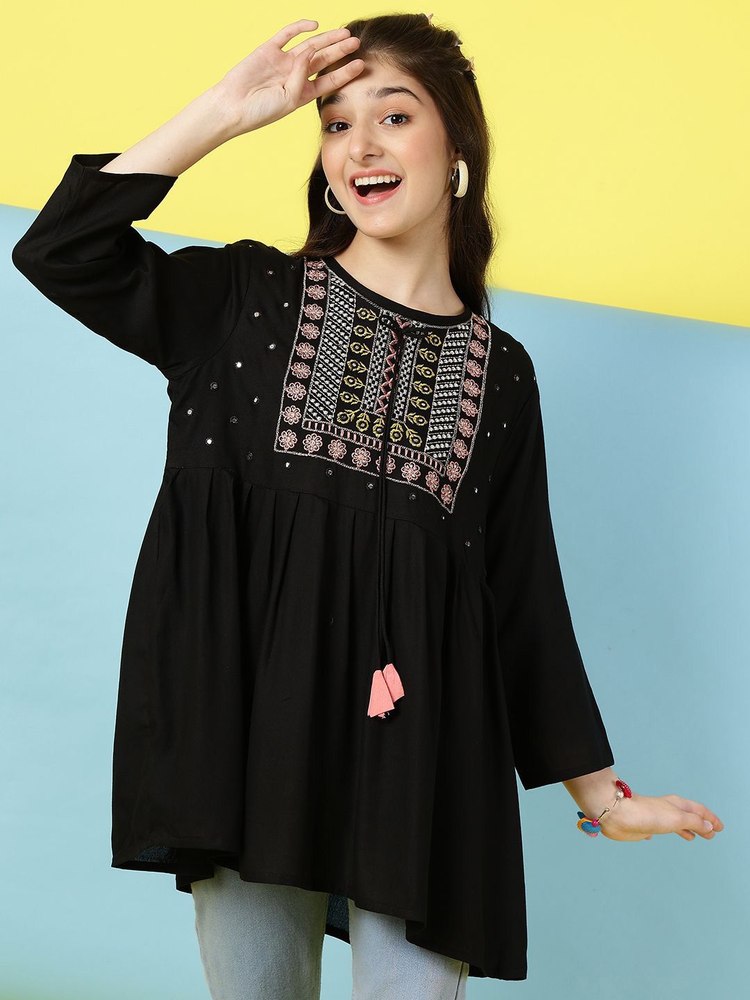 Miss & Chief Girls Embroidered Tie-Up Neck Top