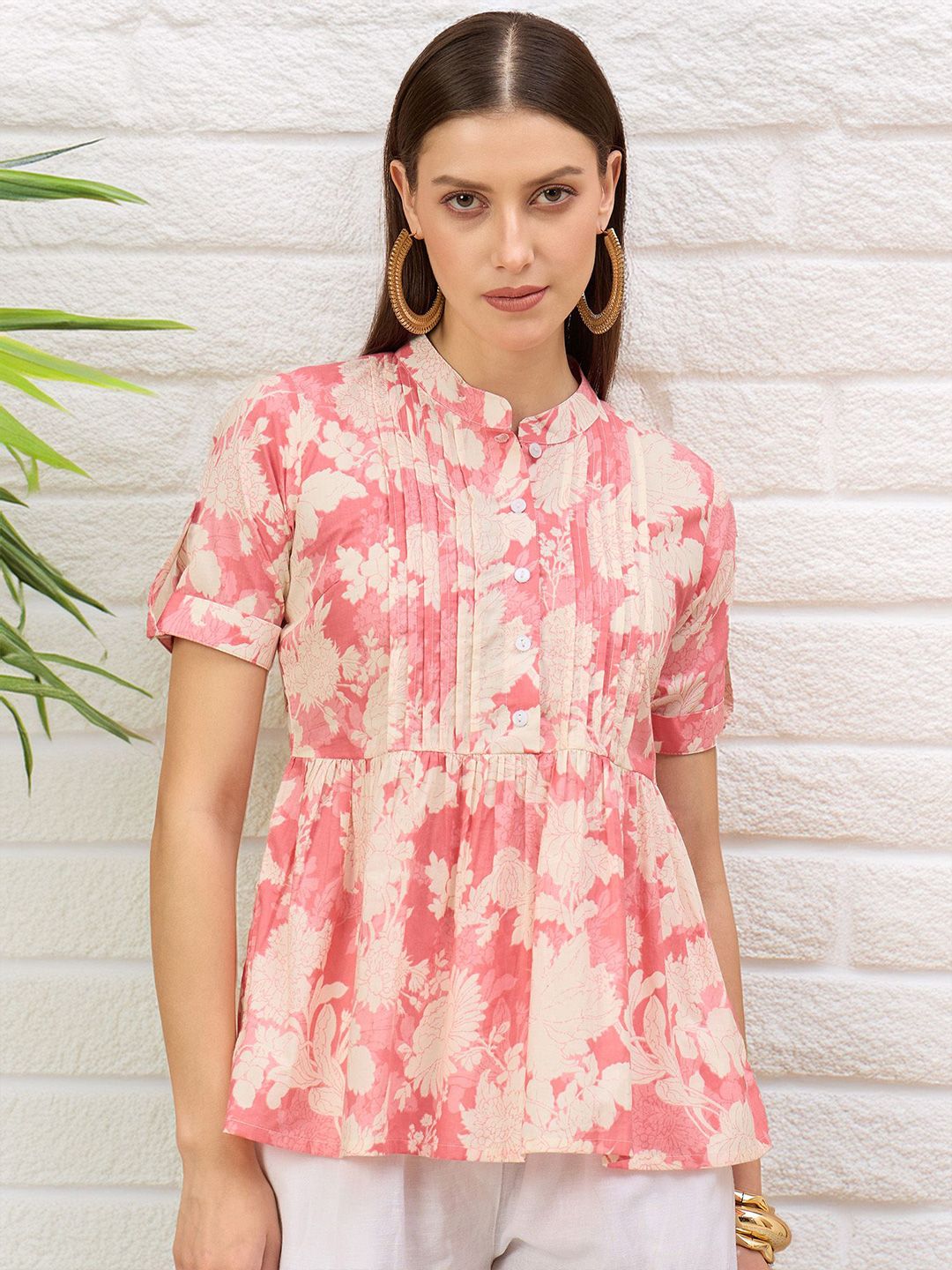 Moda Rapido Women Floral Print Mandarin Collar Cotton Top-picture-34