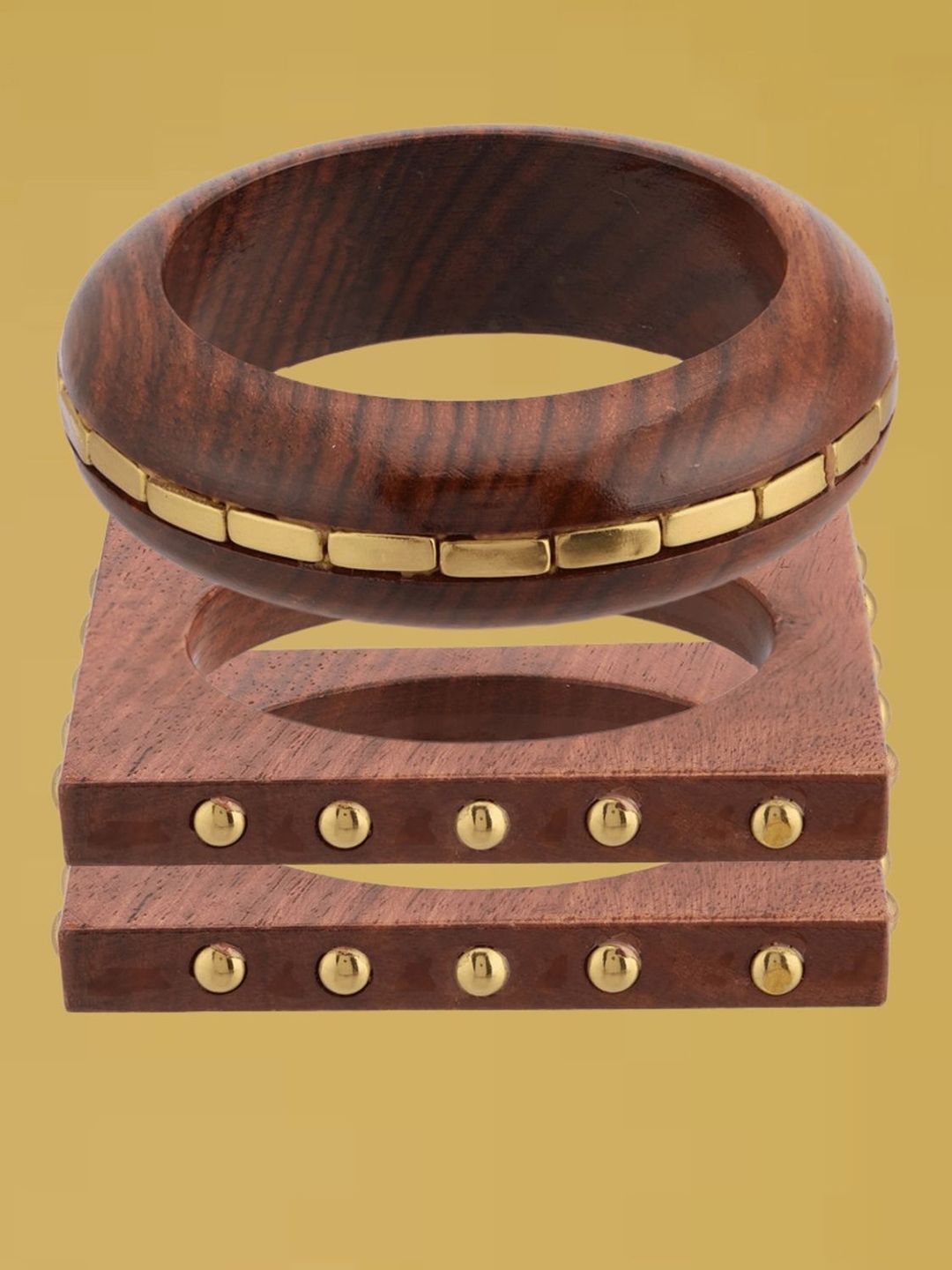 ATIBELLE Set Of 3 Gold-Plated Round Shaped Wooden Bangles