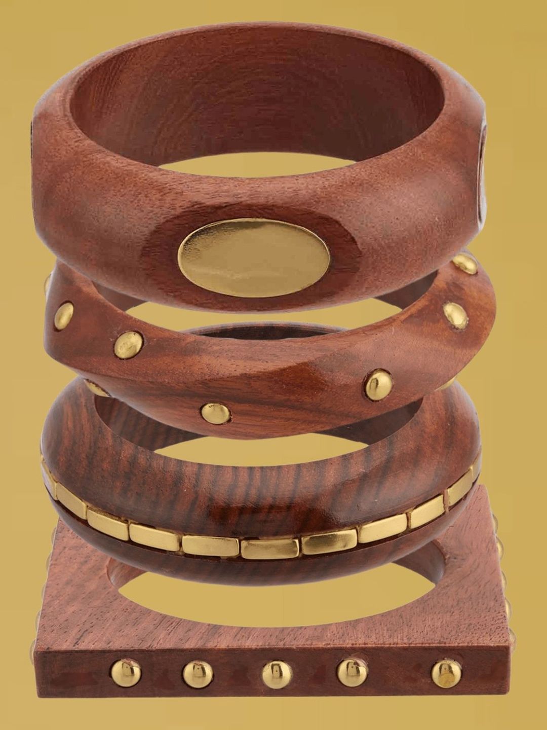 ATIBELLE Set of 4 Gold Plated Round Wooden Bangles
