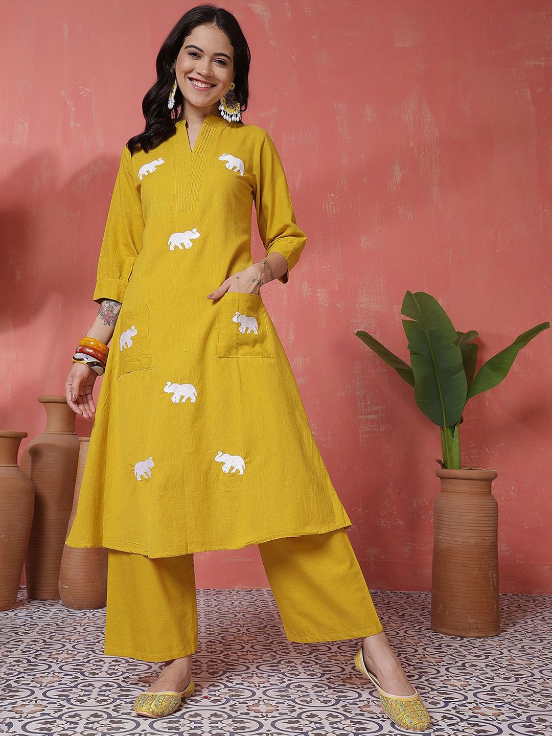 Sangria Women Embroidered V-Neck Pure Cotton A-Line Kurta With Palazzo