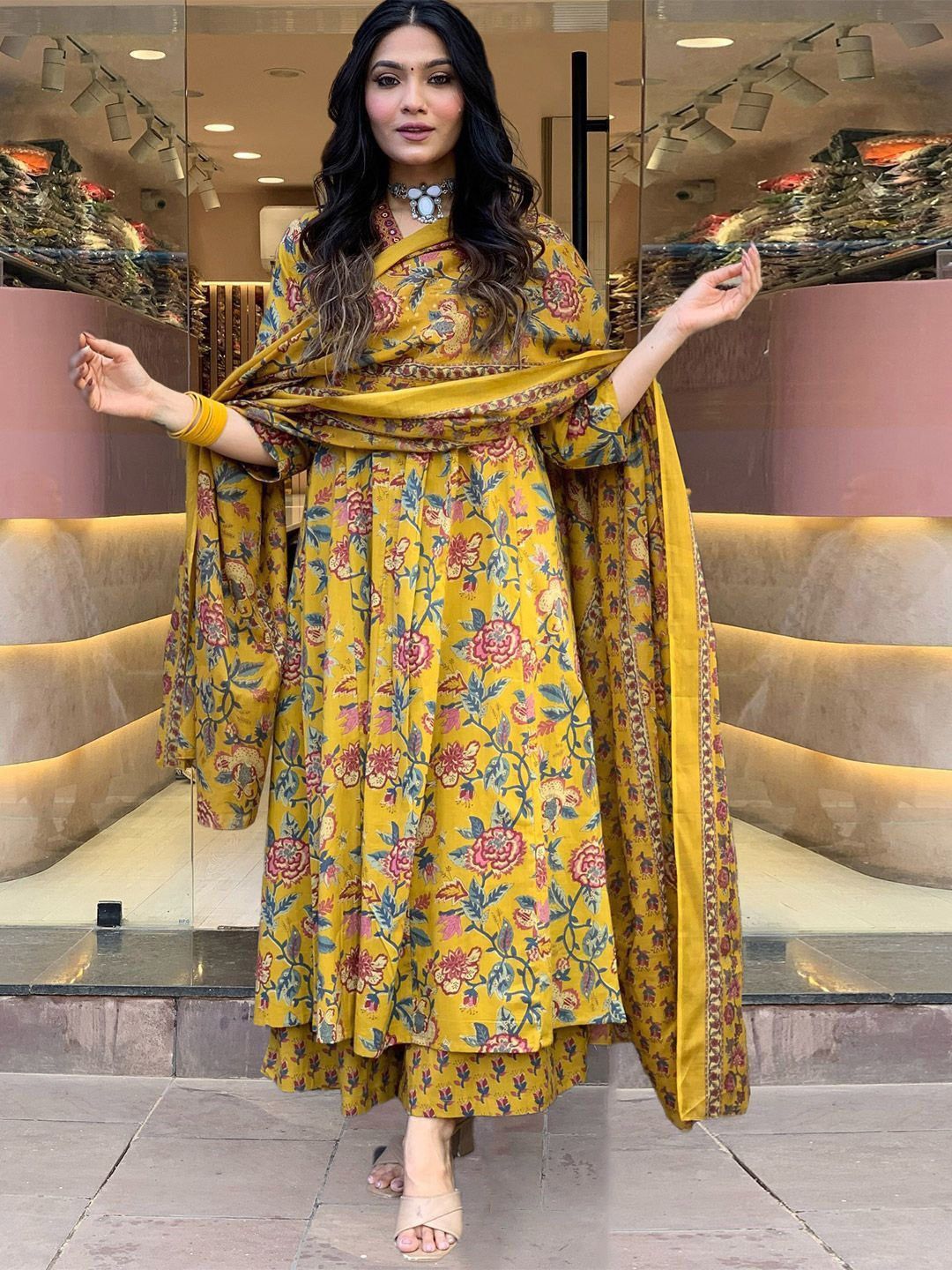 Art Avenue Floral Printed Mirror Work Pure Cotton Anarkali Kurta with Trousers & Dupatta
