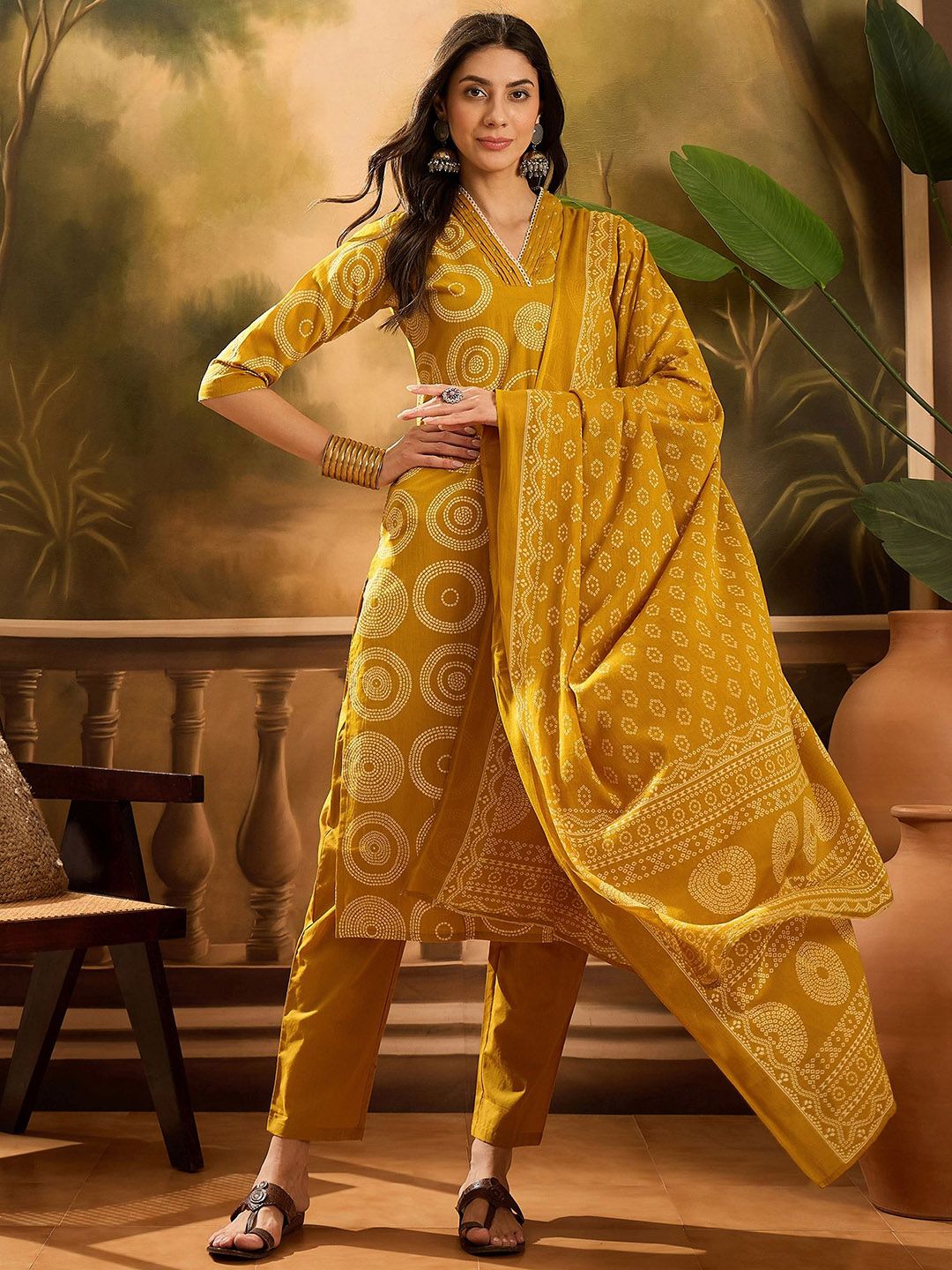 Vastramyaa Women Bandhani Print Beads and Stones Pure Cotton Kurta with Trousers & Dupatta