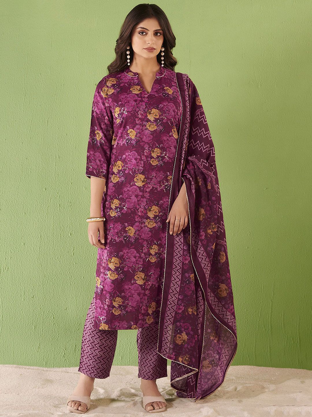Anouk Floral Printed Straight Kurta With Trouser & Dupatta