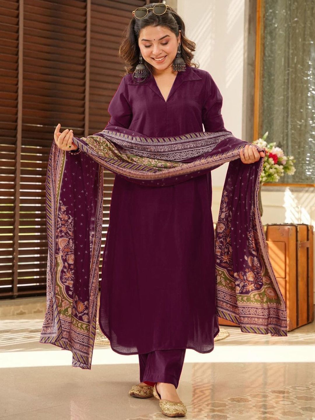 Lilots V-Neck A-Line Kurta With Trousers And Dupatta