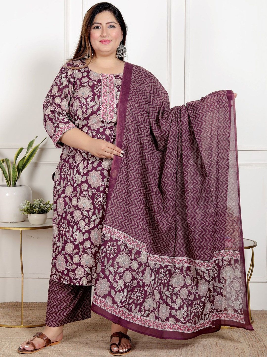 KALINI Women Plus Size Printed Pure Cotton Kurta with Trousers & Dupatta