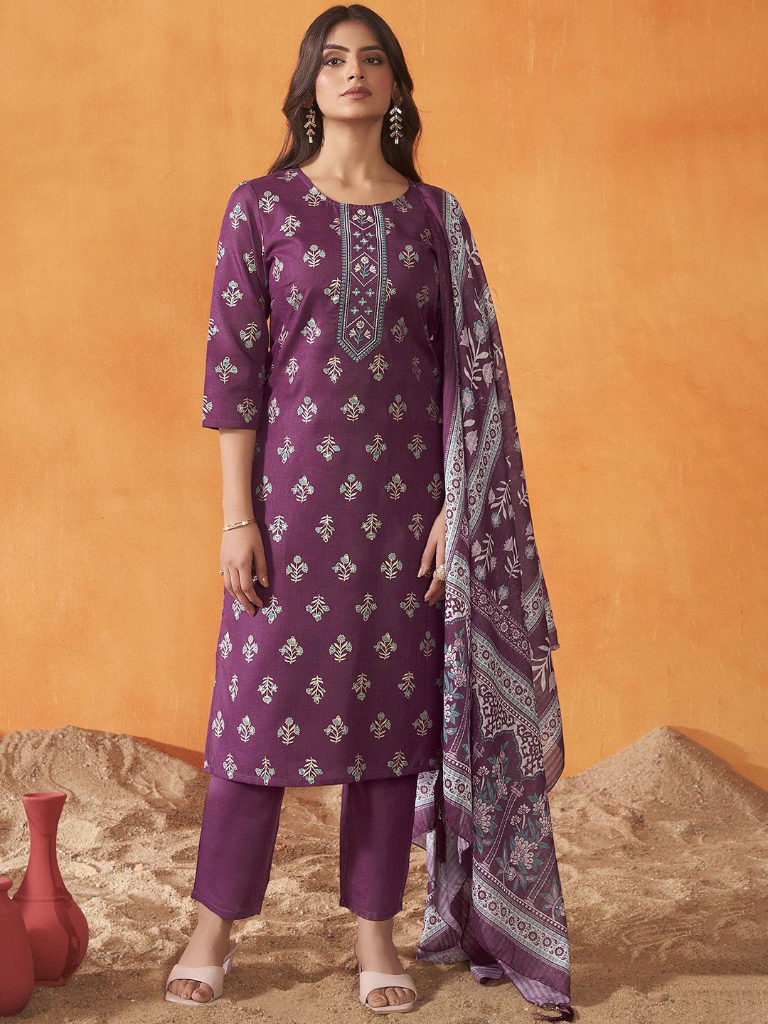Anouk Floral Printed Straight Thread Work Kurta With Trouser & Dupatta