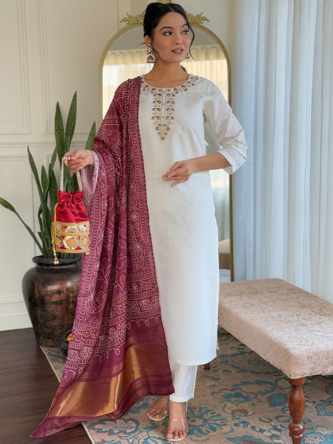 JAPNAAM Floral Yoke Design Thread Work Pure Silk Straight Kurta With Trousers & Dupatta