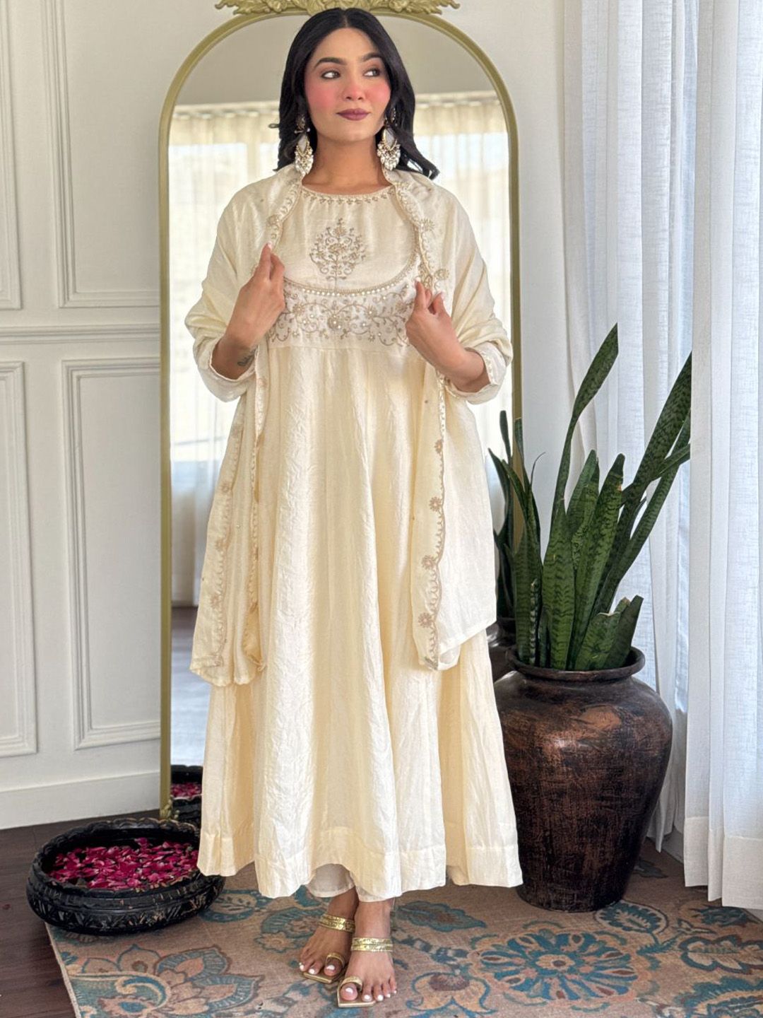 KALINI Floral Yoke Design Sequnnied Pure Silk Anarkali Kurta With Trousers & Dupatta