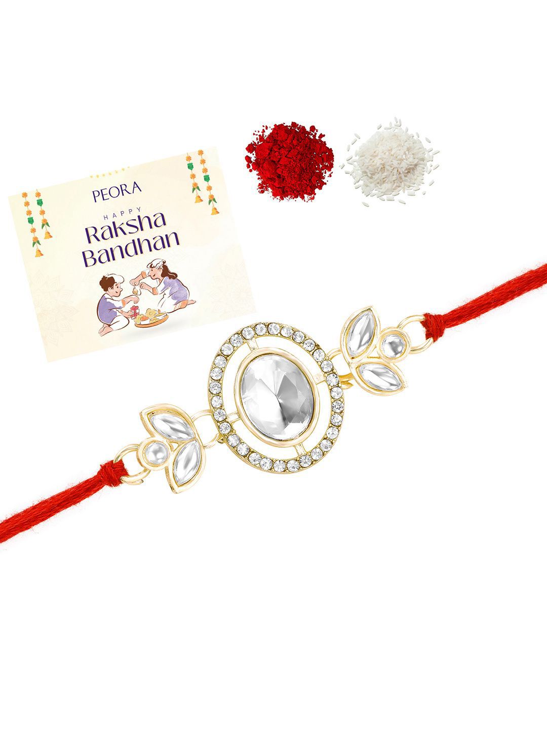 Peora Cubic Zirconia Studded Rakhi For Brother with Roli Chawal & Greeting Card-picture-3
