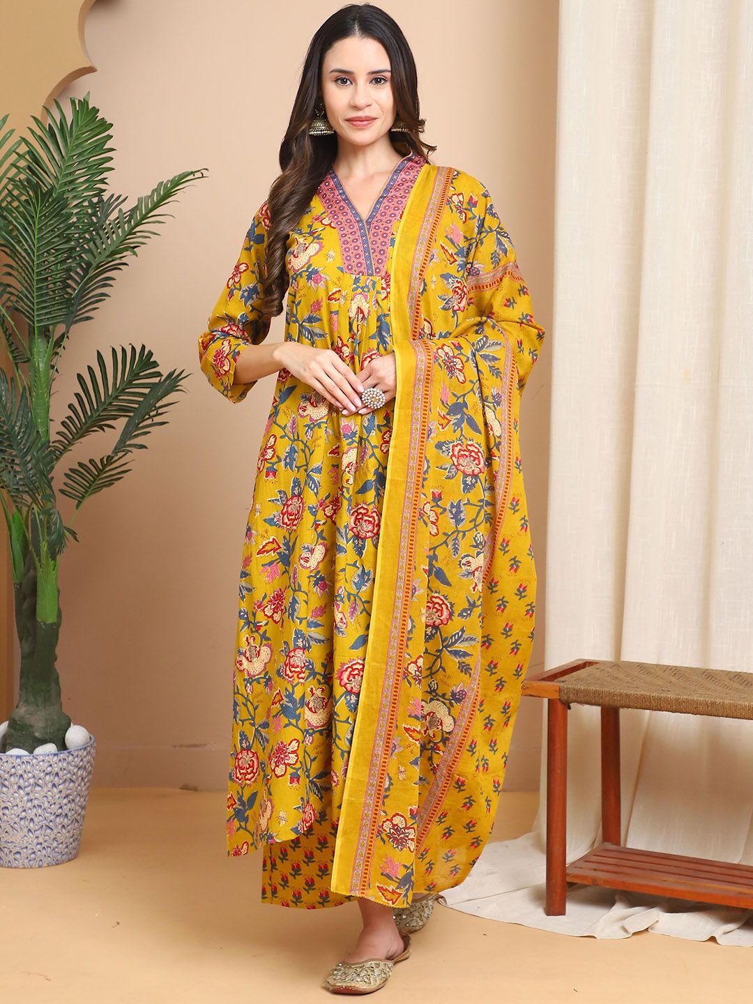 KALINI Floral Printed Pure Cotton V-Neck A-Line Kurta With Palazzos & Dupatta