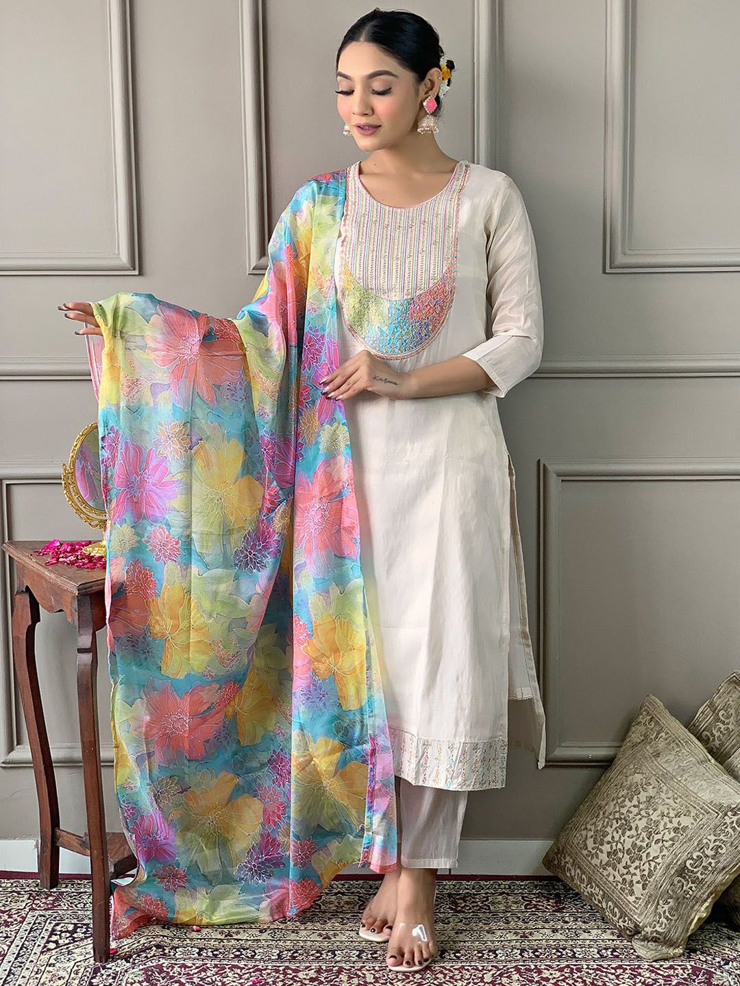 VAAZI CREATOR Floral Yoke Design Thread Work Straight Kurta With Trouser And Dupatta