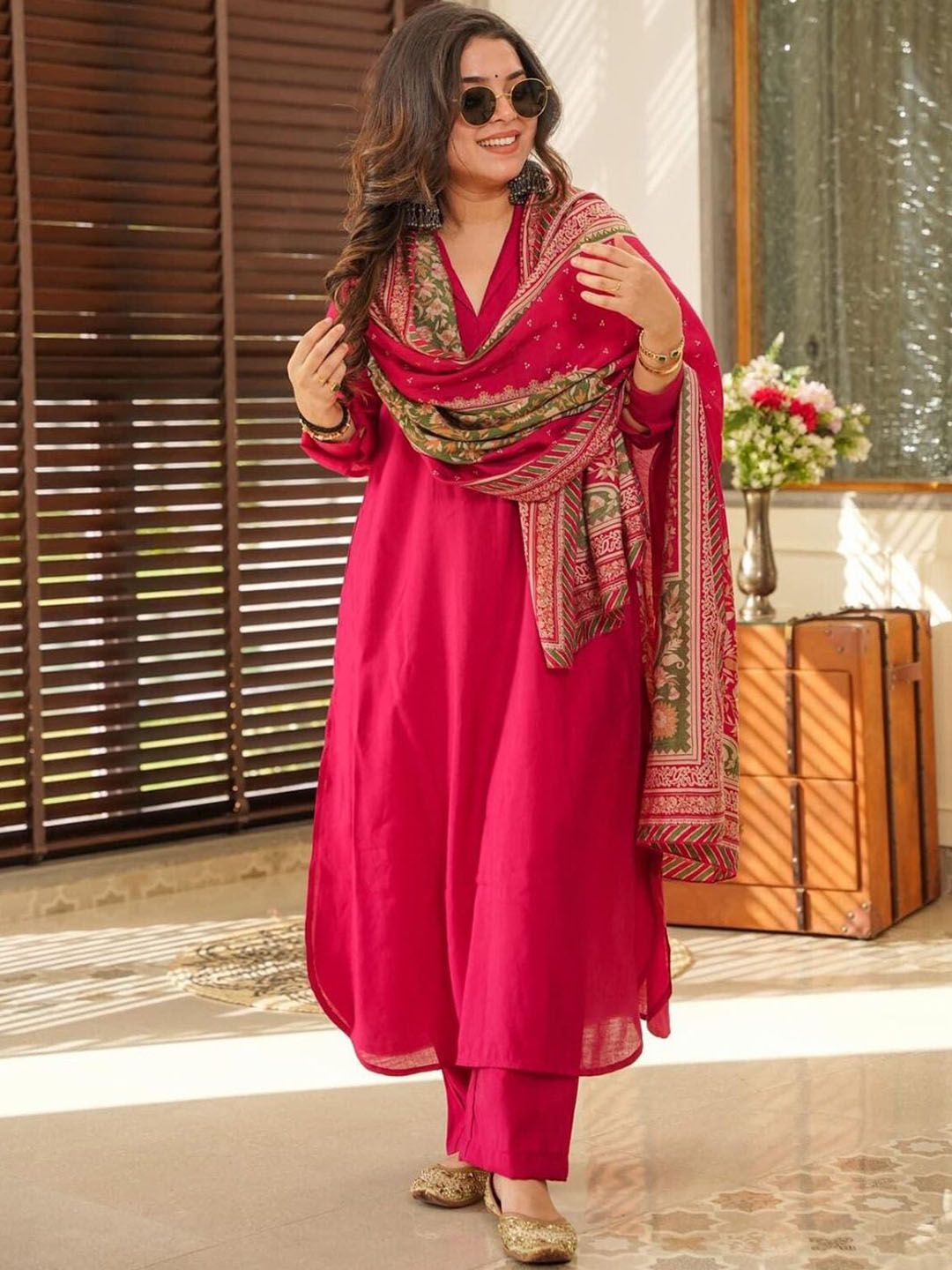 Lilots Shirt Collar A-Line Kurta With Trousers And Dupatta