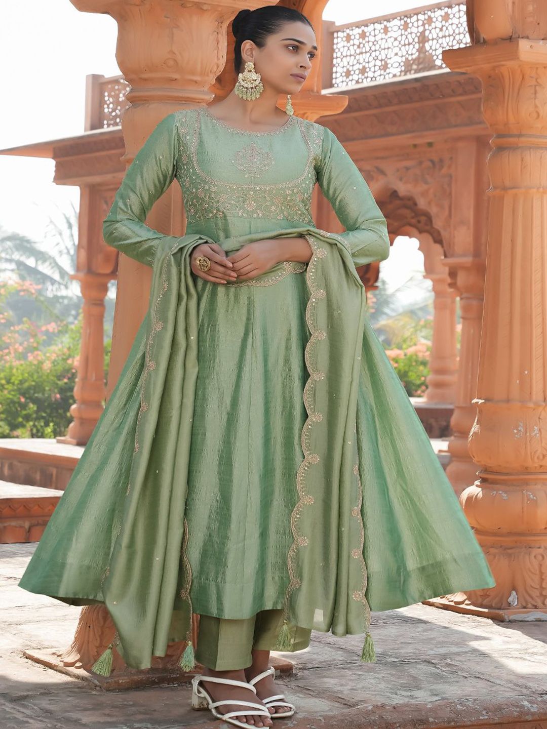 KALINI Embroidered Thread Work Pure Silk Anarakli Kurta With Trousers & Dupatta