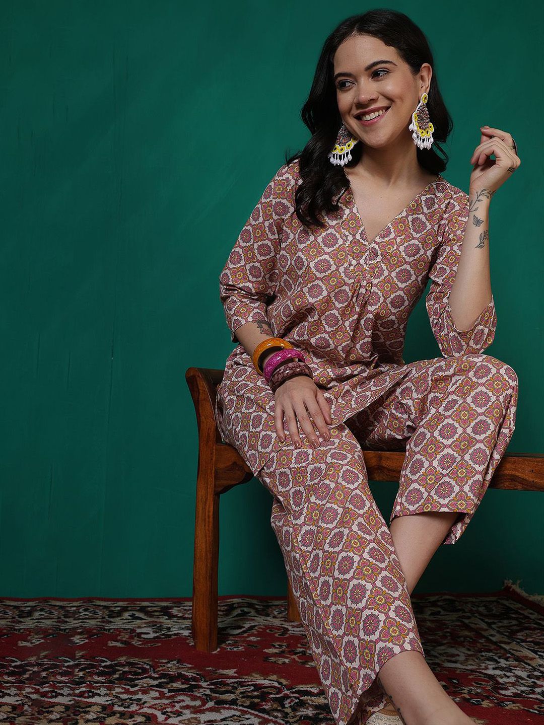 Sangria Floral Printed V-Neck Cotton Flex Tunic With Palazzo