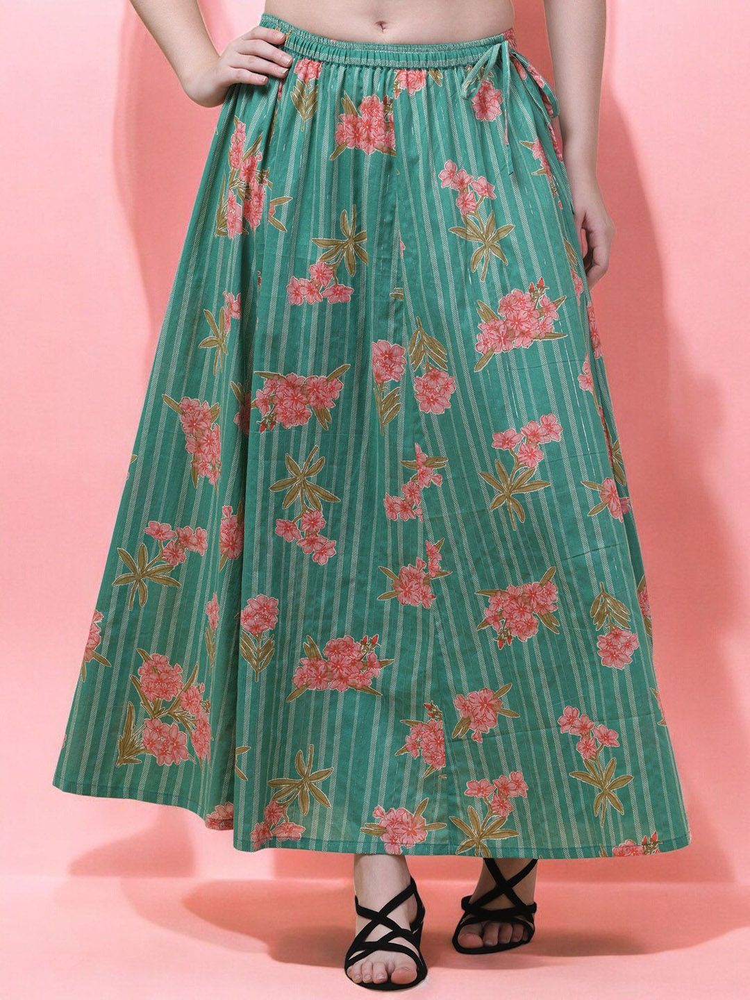 INUKA Floral Printed Pure Cotton Flared Skirt-image-32