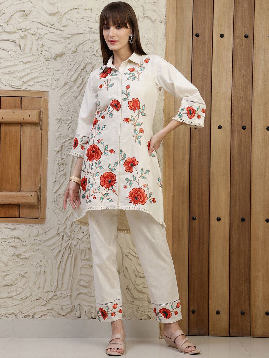 KALINI Embroidered Shirt Collar Pure Cotton Tunic With Trouser-picture-40