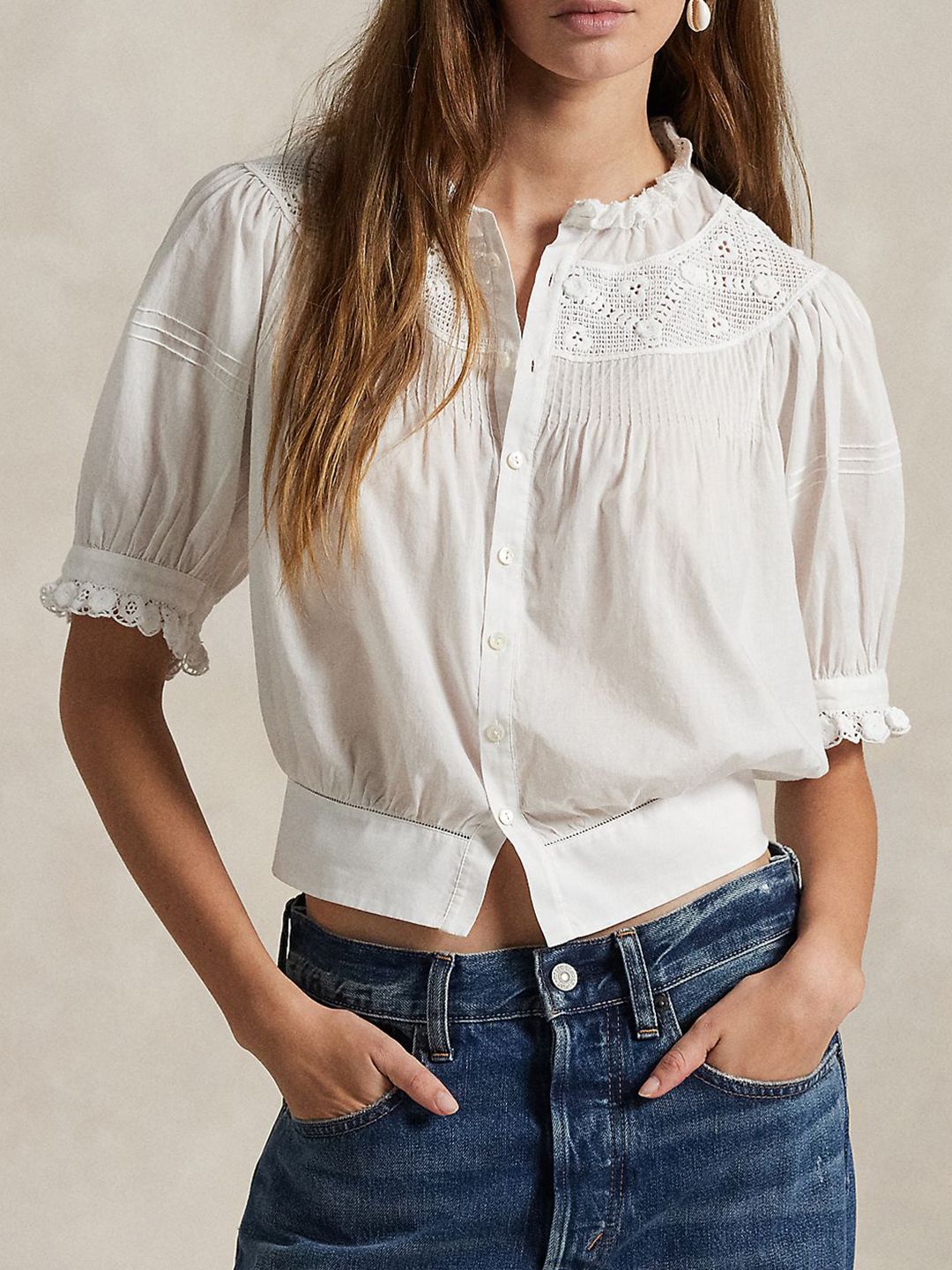 Polo Ralph Lauren Women Round Neck Pure Cotton Puff Sleeves Blouson Top-picture-45