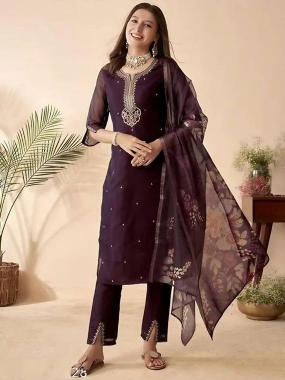 KALINI Ethnic Motifs Embroidered Thread Work Chanderi Silk Kurta With Trousers & Dupatta