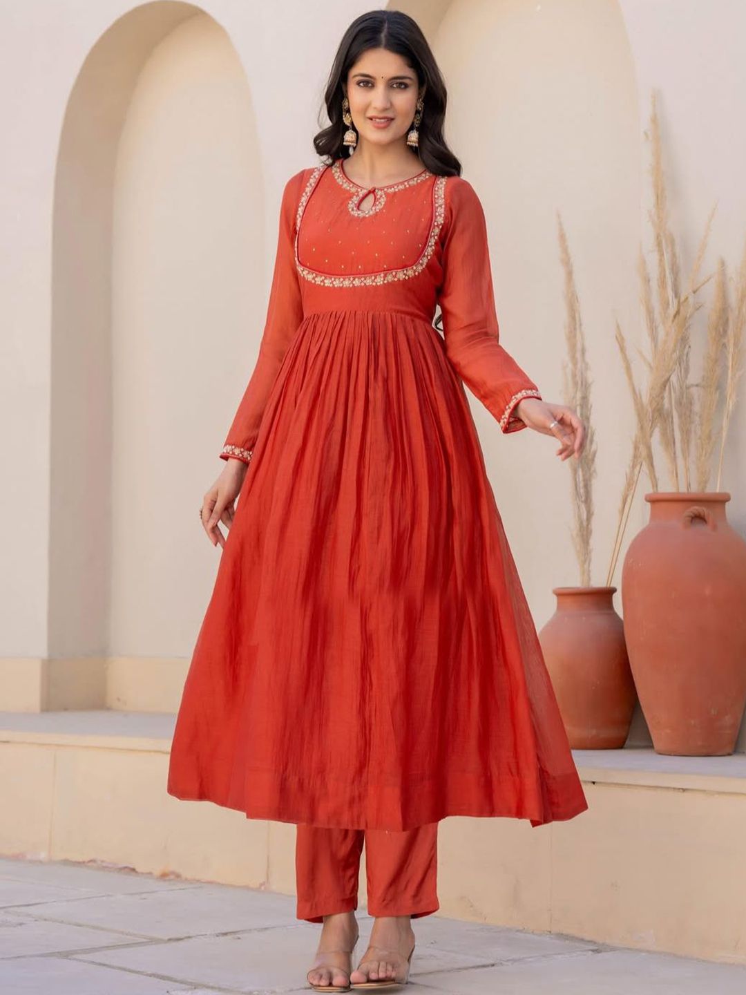 KALINI Women Floral Embroidered Pleated Thread Work Kurta with Trousers & With Dupatta