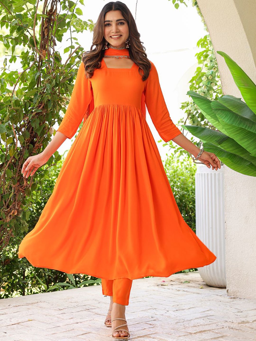 GoSriKi Square Neck Anarkali Kurta With Trousers & Dupatta