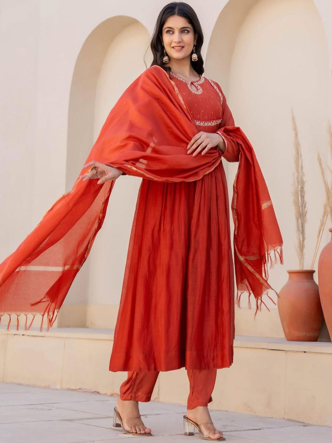 JAPNAAM Floral Yoke Design Pleated Pure Silk Anarkali Kurta With Trousers & Dupatta