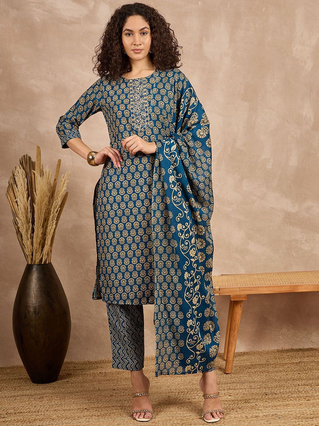 House of Pataudi Floral Printed Sequinned Pure Cotton Kurta With Trouser & Dupatta