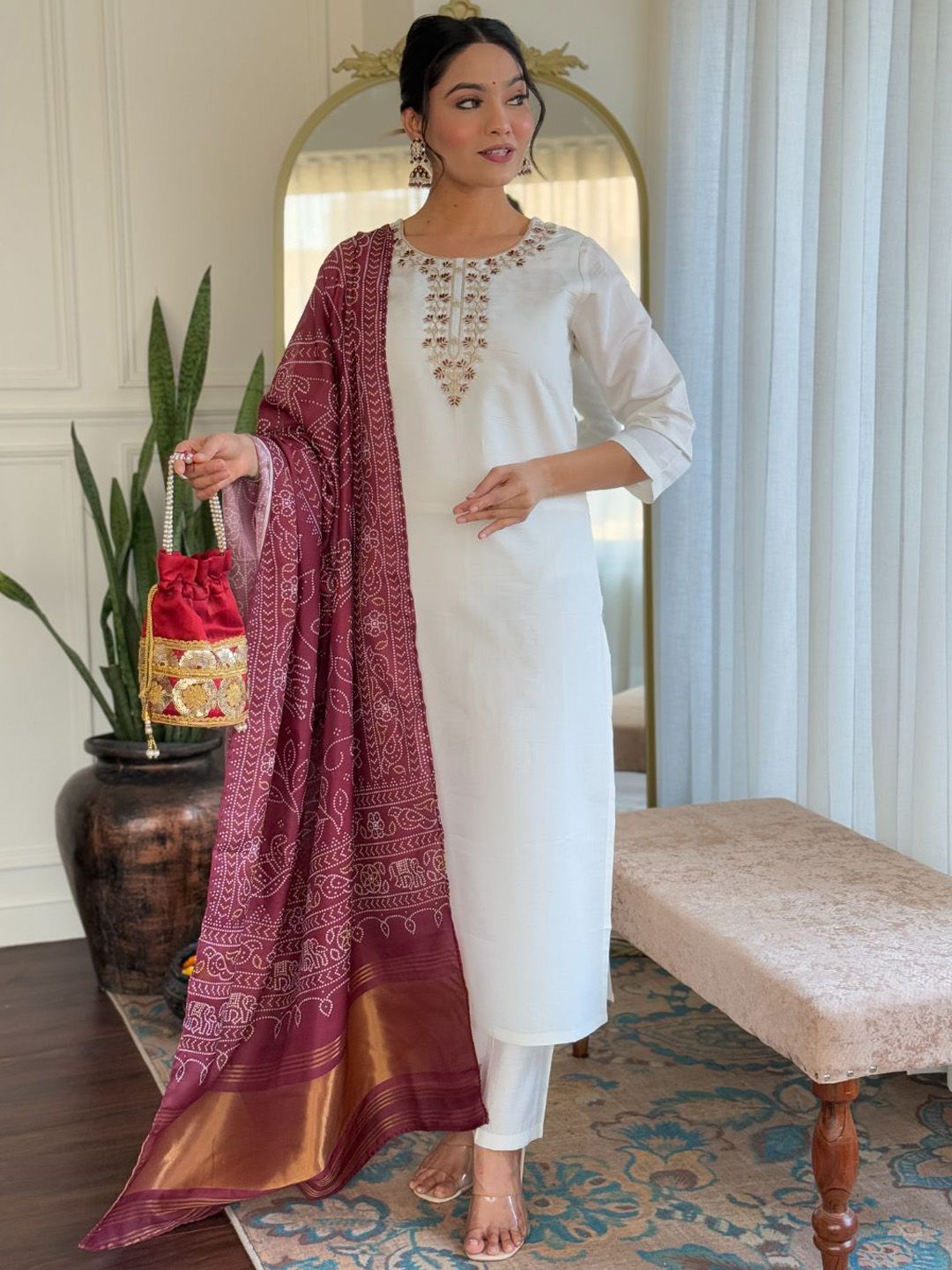 KALINI Women Embroidered Thread Work Pure Silk Kurta with Trousers & Dupatta