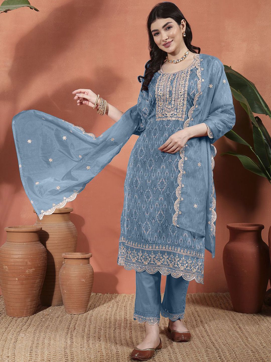 Sangria Ethnic Motifs Printed Round Neck Sequinned Straight Kurta With Trousers & Dupatta