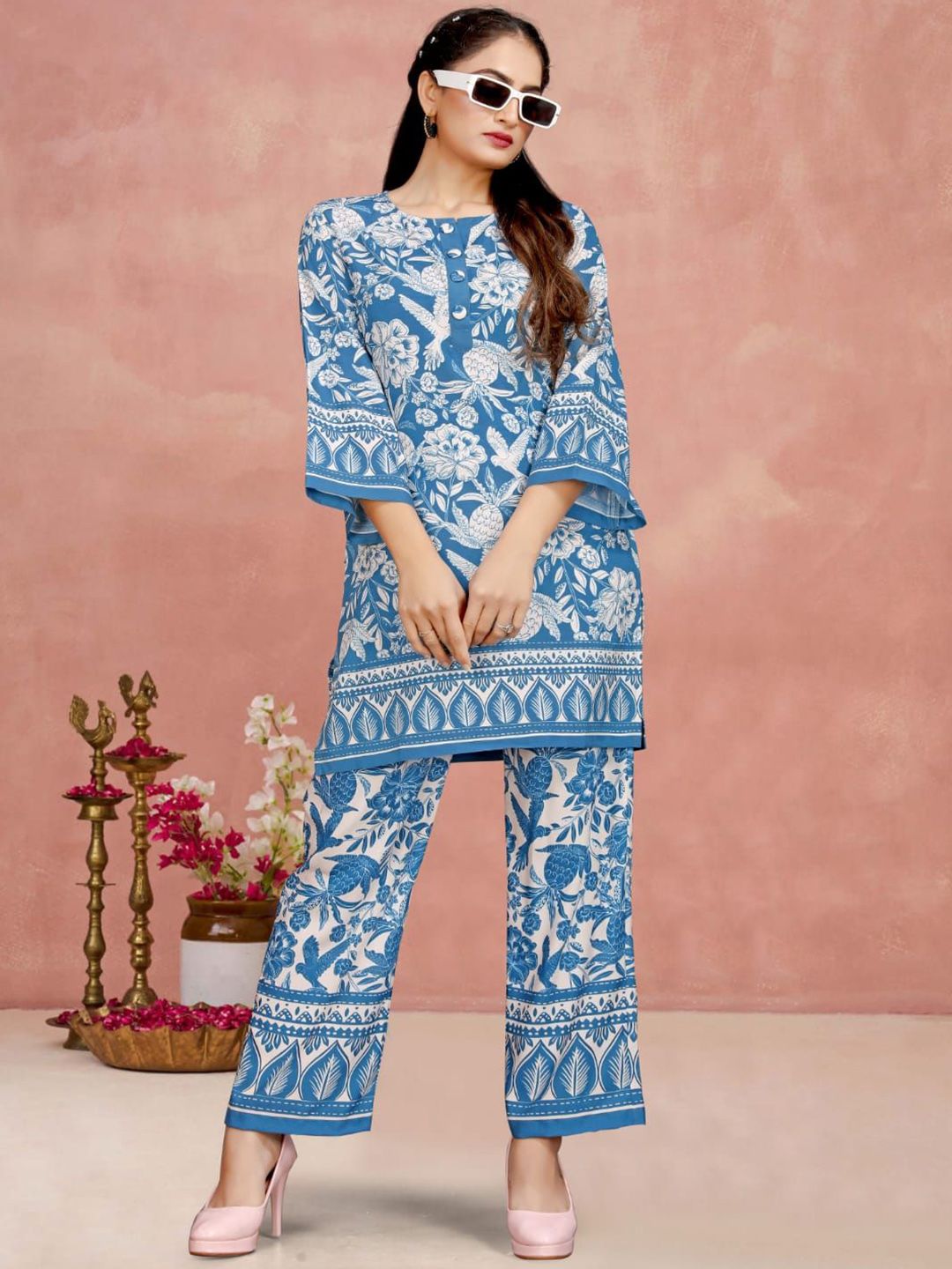 Snowdrip Round Neck Three Fourth Sleeves Tunic With Trouser Co-Ords-picture-36