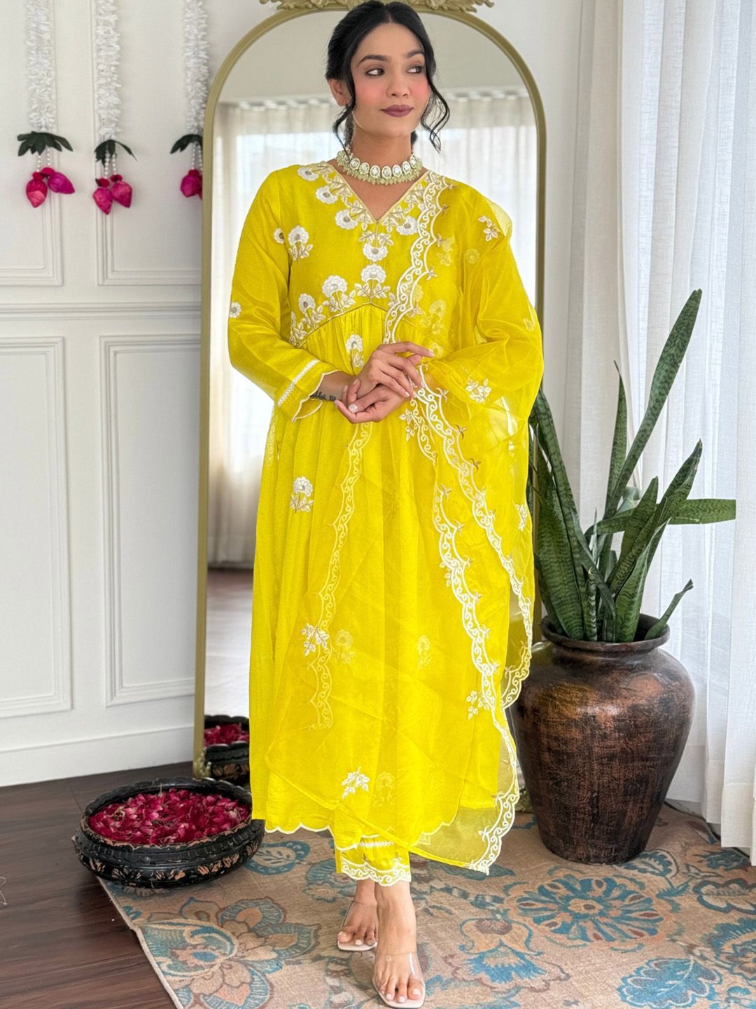 Lilots Floral Embroidered Pleated Thread Work Kurta With Trousers And Dupatta