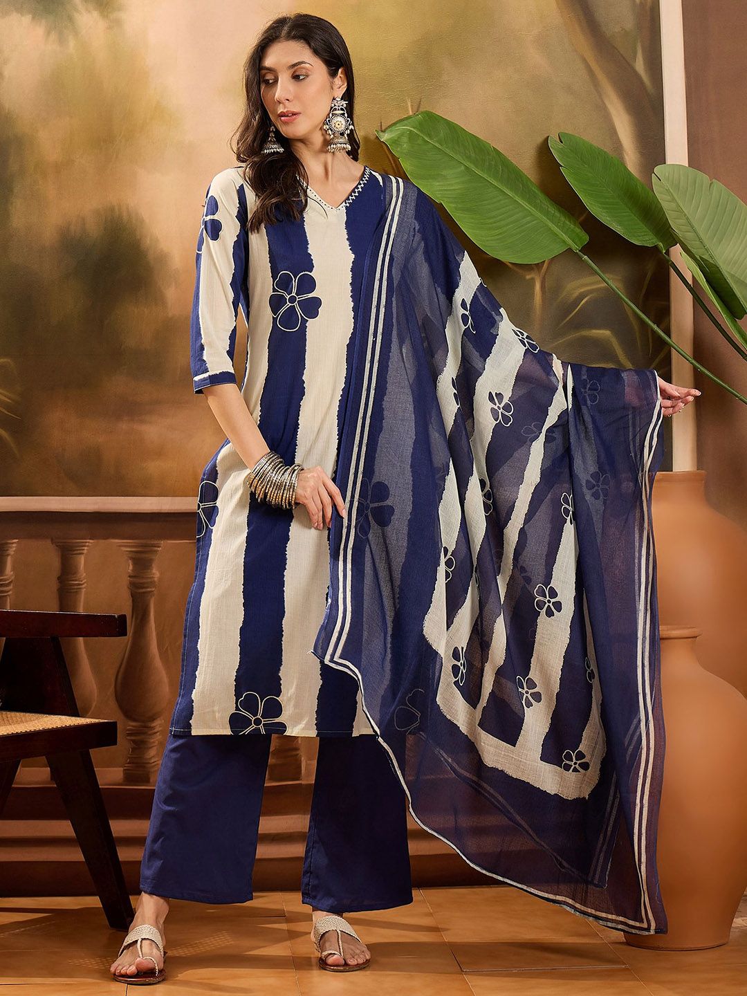 Vastramyaa Women Striped Regular   Pure Cotton Kurta with Trousers & With Dupatta