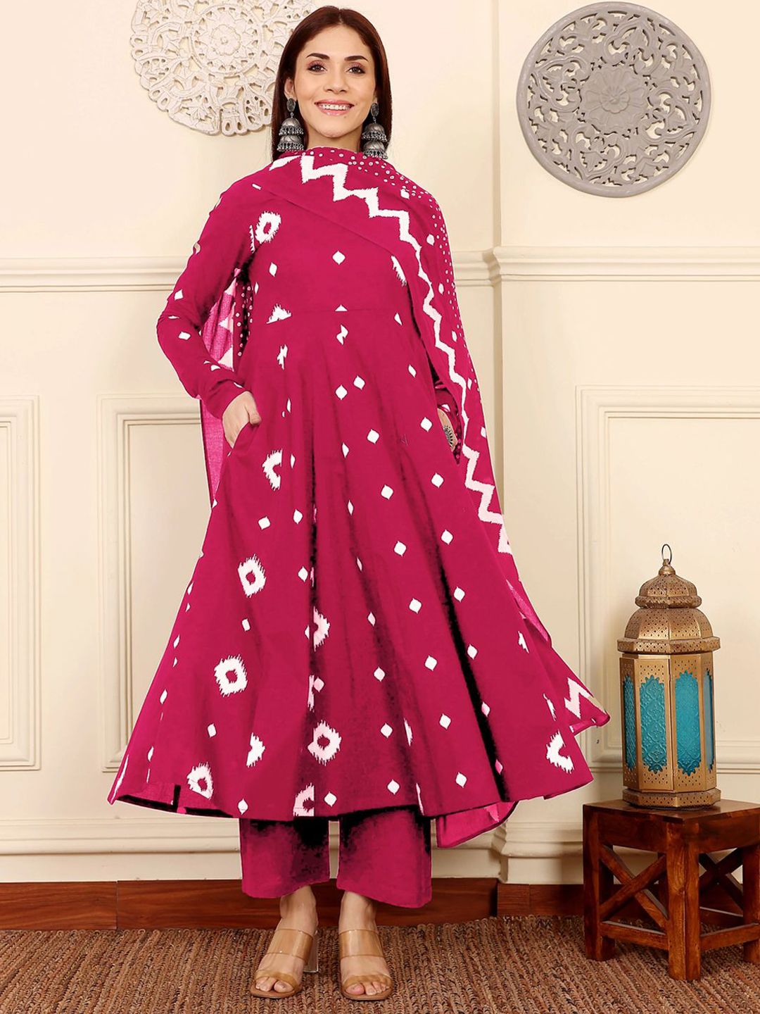 Anni Designer Geometric Printed Regular Anarkali Kurta with Trousers & Dupatta