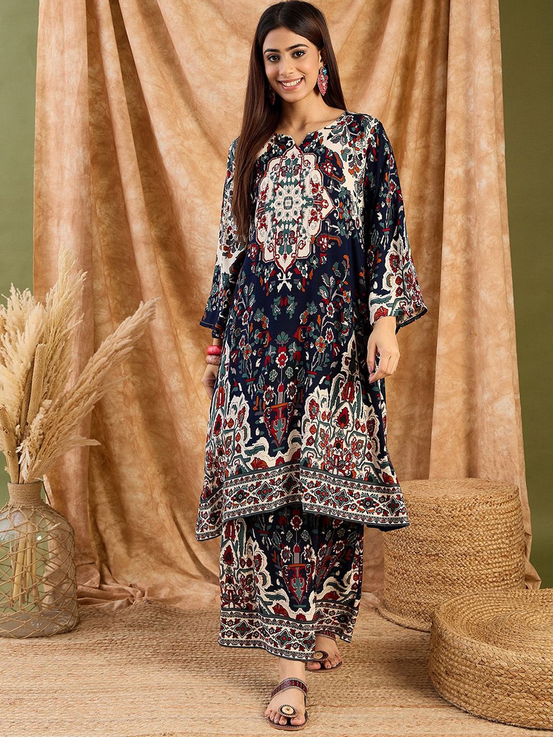 InWeave Floral Printed Notch Neck A-Line Kurta With Palazzo-picture-12
