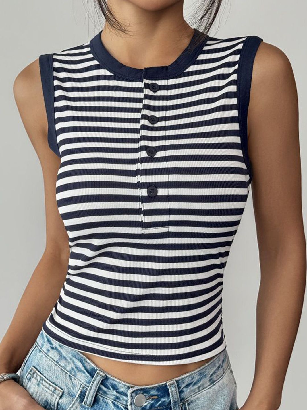 StyleCast Women Horizontal Stripes Striped Round Neck Sleeveless Cotton Tank Crop Top-image-25